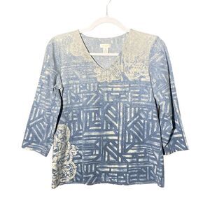 Chico's Blue & Silver Tribal Aztec 3/4 Sleeve V Neck Cotton Tee women's Size S